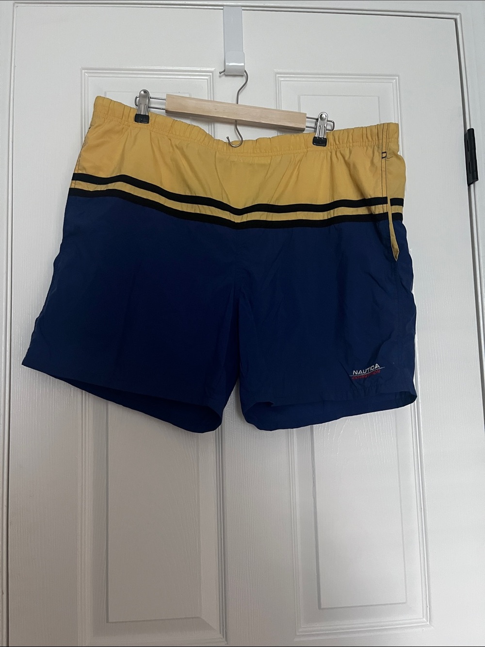 Nautica Competition Swim Trunks Mens Large Blue Yellow Mesh Lined Elastic Waist